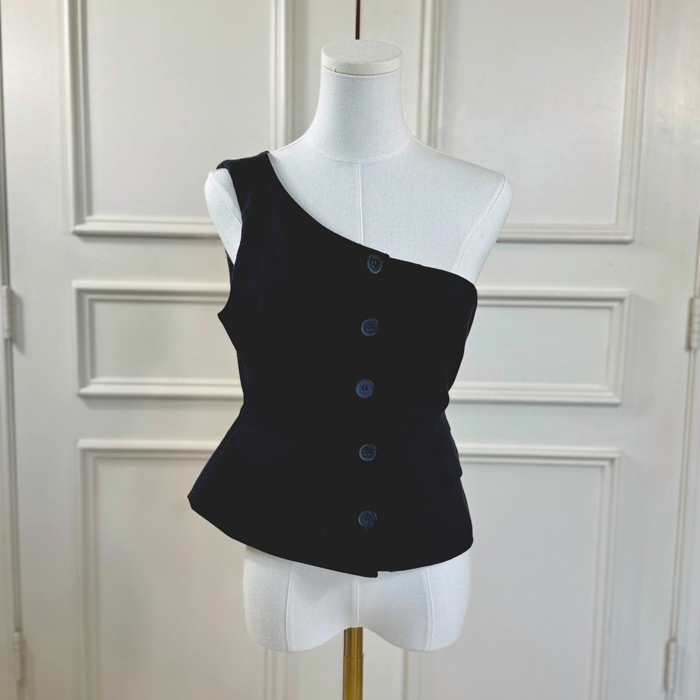 Zara One Shoulder Button Up Vest Women's M Black Tailored Peplum Chic
